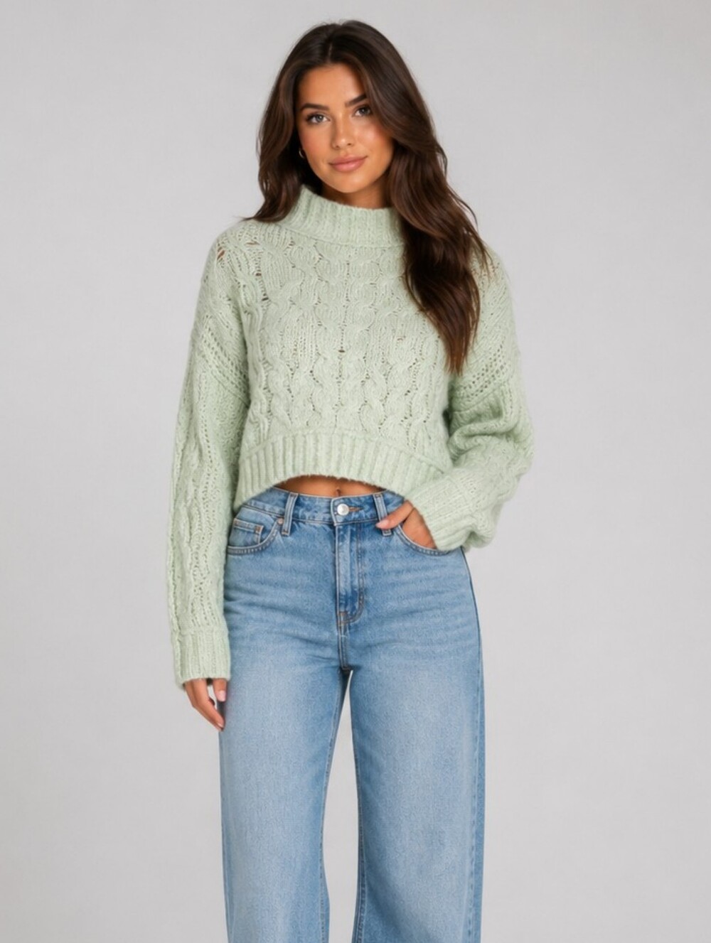 Free people mint green turtleneck cable knit sweater size XS